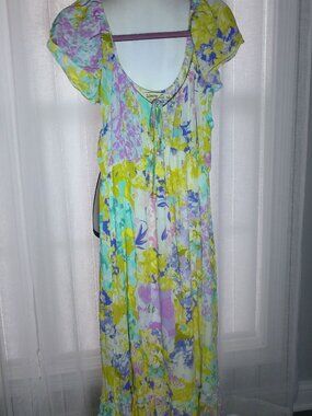 LIBERTY LOVE Short Puffy Slve Scp Neck White w/ Pastel Floral Print Midi Dress L